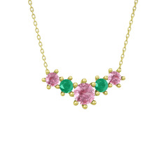 Aine Beştaş Kolye - Pembe kuvars ve kök zümrüt 14 ayar altın kolye (40 cm gümüş rolo zincir) #1ftztk2