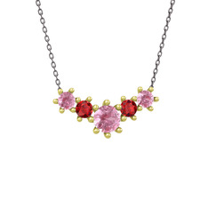 Aine Beştaş Kolye - Pembe kuvars ve garnet 8 ayar altın kolye (40 cm gümüş rolo zincir) #1go8595