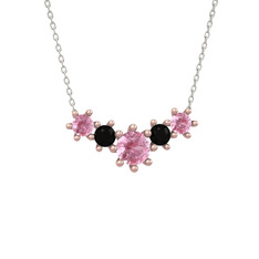 Pembe kuvars ve siyah zirkon 18 ayar rose altın kolye (40 cm gümüş rolo zincir)