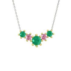 Kök zümrüt ve pembe kuvars 18 ayar altın kolye (40 cm beyaz altın rolo zincir)