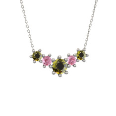 Peridot ve pembe kuvars 18 ayar beyaz altın kolye (40 cm beyaz altın rolo zincir)