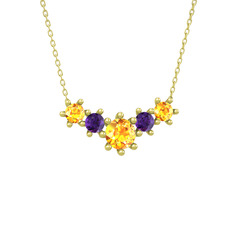 Aine Beştaş Kolye - Sitrin ve ametist 8 ayar altın kolye (40 cm altın rolo zincir) #1rawec2