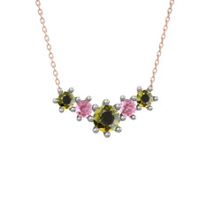 Peridot ve pembe kuvars 18 ayar beyaz altın kolye (40 cm rose altın rolo zincir)