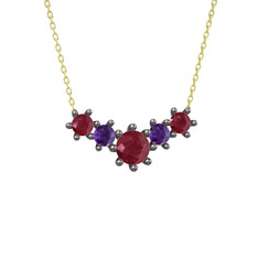 Aine Beştaş Kolye - Kök yakut ve ametist 925 ayar siyah rodyum kaplama gümüş kolye (40 cm altın rolo zincir) #1vbitrj