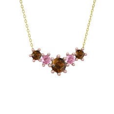 Aine Beştaş Kolye - Dumanlı kuvars ve pembe kuvars 14 ayar rose altın kolye (40 cm altın rolo zincir) #1waclex