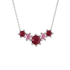 Kök yakut ve pembe kuvars 18 ayar beyaz altın kolye (40 cm beyaz altın rolo zincir)