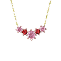 Aine Beştaş Kolye - Pembe kuvars ve garnet 14 ayar rose altın kolye (40 cm altın rolo zincir) #3y1act