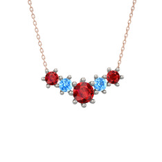 Garnet ve akuamarin 14 ayar beyaz altın kolye (40 cm rose altın rolo zincir)