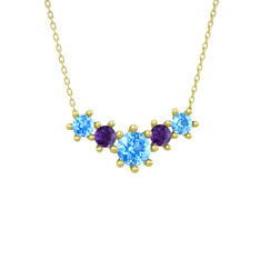 Aine Beştaş Kolye - Akuamarin ve ametist 14 ayar altın kolye (40 cm altın rolo zincir) #83hsn9