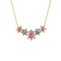 Aine Beştaş Kolye - Pembe kuvars ve pırlanta 8 ayar altın kolye (0.32 karat, 40 cm altın rolo zincir) #a3emaz