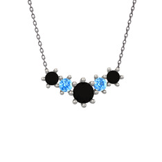 Siyah zirkon ve akuamarin 14 ayar beyaz altın kolye (40 cm gümüş rolo zincir)