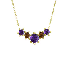 Ametist ve dumanlı kuvars 18 ayar altın kolye (40 cm gümüş rolo zincir)