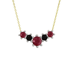 Aine Beştaş Kolye - Kök yakut ve siyah zirkon 18 ayar beyaz altın kolye (40 cm altın rolo zincir) #f26lwa