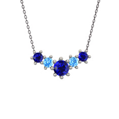 Lab safir ve akuamarin 14 ayar beyaz altın kolye (40 cm gümüş rolo zincir)