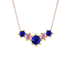 Lab safir ve pembe kuvars 18 ayar altın kolye (40 cm rose altın rolo zincir)