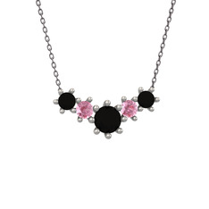Aine Beştaş Kolye - Siyah zirkon ve pembe kuvars 8 ayar beyaz altın kolye (40 cm gümüş rolo zincir) #lwl3qk