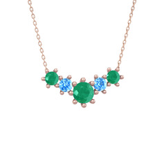 Kök zümrüt ve akuamarin 18 ayar rose altın kolye (40 cm rose altın rolo zincir)