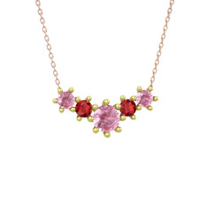 Pembe kuvars ve garnet 18 ayar altın kolye (40 cm rose altın rolo zincir)
