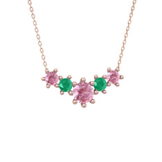 Pembe kuvars ve kök zümrüt 18 ayar rose altın kolye (40 cm rose altın rolo zincir)