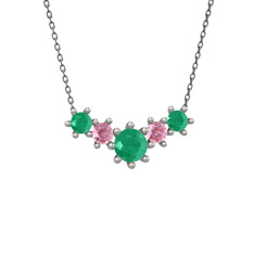 Kök zümrüt ve pembe kuvars 8 ayar beyaz altın kolye (40 cm gümüş rolo zincir)