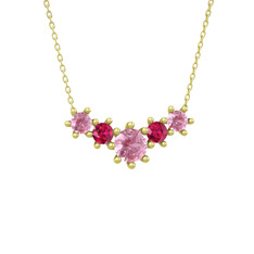 Aine Beştaş Kolye - Pembe kuvars ve rodolit garnet 18 ayar altın kolye (40 cm altın rolo zincir) #v82qld