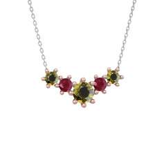 Aine Beştaş Kolye - Peridot ve kök yakut 8 ayar rose altın kolye (40 cm beyaz altın rolo zincir) #velze4