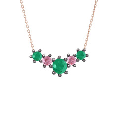 Aine Beştaş Kolye - Kök zümrüt ve pembe kuvars 925 ayar siyah rodyum kaplama gümüş kolye (40 cm rose altın rolo zincir) #vfaiom
