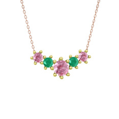 Pembe kuvars ve kök zümrüt 18 ayar altın kolye (40 cm rose altın rolo zincir)