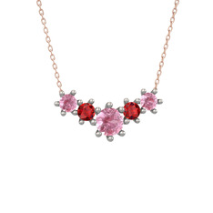 Pembe kuvars ve garnet 14 ayar beyaz altın kolye (40 cm rose altın rolo zincir)