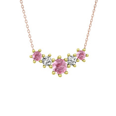 Pembe kuvars ve swarovski 18 ayar altın kolye (40 cm gümüş rolo zincir)