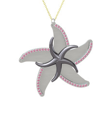 Pembe kuvars 925 ayar siyah rodyum kaplama gümüş kolye (50 cm altın rolo zincir)