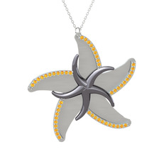 Naia Denizyıldızı Kolye - Sitrin 925 ayar siyah rodyum kaplama gümüş kolye (50 cm beyaz altın rolo zincir) #1lhwdlg