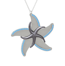 Naia Denizyıldızı Kolye - Akuamarin 925 ayar siyah rodyum kaplama gümüş kolye (50 cm beyaz altın rolo zincir) #1olro3r