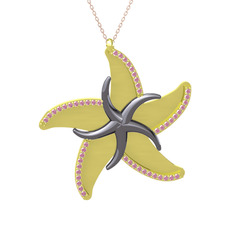 Naia Denizyıldızı Kolye - Pembe kuvars 925 ayar siyah rodyum kaplama gümüş kolye (50 cm gümüş rolo zincir) #3znv43