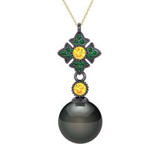 Siyah inci, sitrin ve yeşil kuvars 925 ayar siyah rodyum kaplama gümüş kolye (40 cm altın rolo zincir)