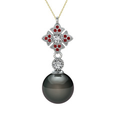 Teimei İnci Kolye - Siyah inci, beyaz zirkon ve garnet 8 ayar beyaz altın kolye (40 cm altın rolo zincir) #10378bx