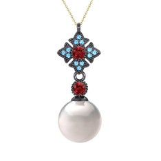 Teimei İnci Kolye - Inci, garnet ve akuamarin 925 ayar siyah rodyum kaplama gümüş kolye (40 cm altın rolo zincir) #10esv2