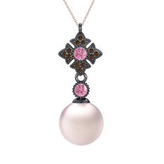Pembe inci, pembe kuvars ve dumanlı kuvars 925 ayar siyah rodyum kaplama gümüş kolye (40 cm rose altın rolo zincir)