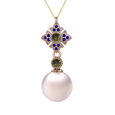 Pembe inci, peridot ve lab safir 925 ayar rose altın kaplama gümüş kolye (40 cm gümüş rolo zincir)
