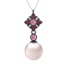 Teimei İnci Kolye - Pembe inci, pembe kuvars ve garnet 925 ayar siyah rodyum kaplama gümüş kolye (40 cm gümüş rolo zincir) #10kbpcf