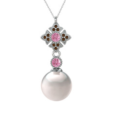 Teimei İnci Kolye - Inci, pembe kuvars ve dumanlı kuvars 8 ayar beyaz altın kolye (40 cm beyaz altın rolo zincir) #10rb1bz