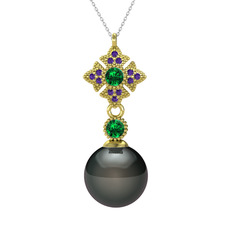 Siyah inci, yeşil kuvars ve ametist 8 ayar altın kolye (40 cm gümüş rolo zincir)