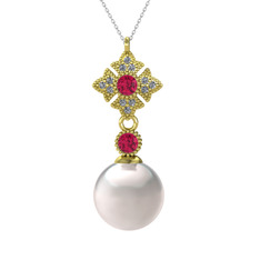 Teimei İnci Kolye - Inci, rodolit garnet ve pırlanta 14 ayar altın kolye (0.1056 karat, 40 cm beyaz altın rolo zincir) #1152bk2