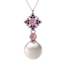 Teimei İnci Kolye - Inci, pembe kuvars ve lab safir 14 ayar rose altın kolye (40 cm rose altın rolo zincir) #119tp6d