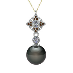Siyah inci, pırlanta ve dumanlı kuvars 14 ayar beyaz altın kolye (0.22 karat, 40 cm gümüş rolo zincir)