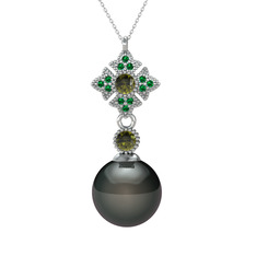 Teimei İnci Kolye - Siyah inci, peridot ve yeşil kuvars 14 ayar beyaz altın kolye (40 cm beyaz altın rolo zincir) #11jjaju