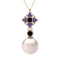 Teimei İnci Kolye - Pembe inci, siyah zirkon ve lab safir 925 ayar rose altın kaplama gümüş kolye (40 cm altın rolo zincir) #11vtqee