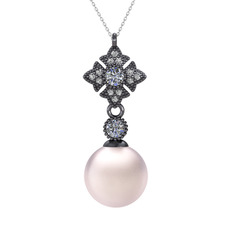 Teimei İnci Kolye - Pembe inci, pırlanta ve beyaz zirkon 925 ayar siyah rodyum kaplama gümüş kolye (0.22 karat, 40 cm beyaz altın rolo zincir) #1233s5f
