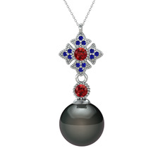 Teimei İnci Kolye - Siyah inci, garnet ve lab safir 14 ayar beyaz altın kolye (40 cm beyaz altın rolo zincir) #125ax0