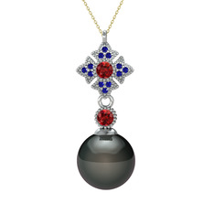 Siyah inci, garnet ve lab safir 925 ayar gümüş kolye (40 cm altın rolo zincir)